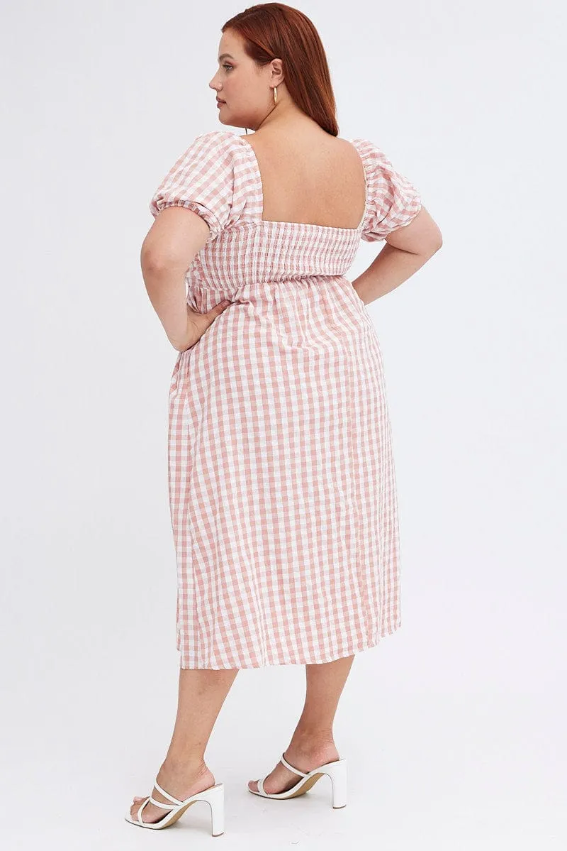 Chic Fit Wear Hook-And-Eye Pink Check Midi Dress Ruched Bodice Gingham Puff Sleeve