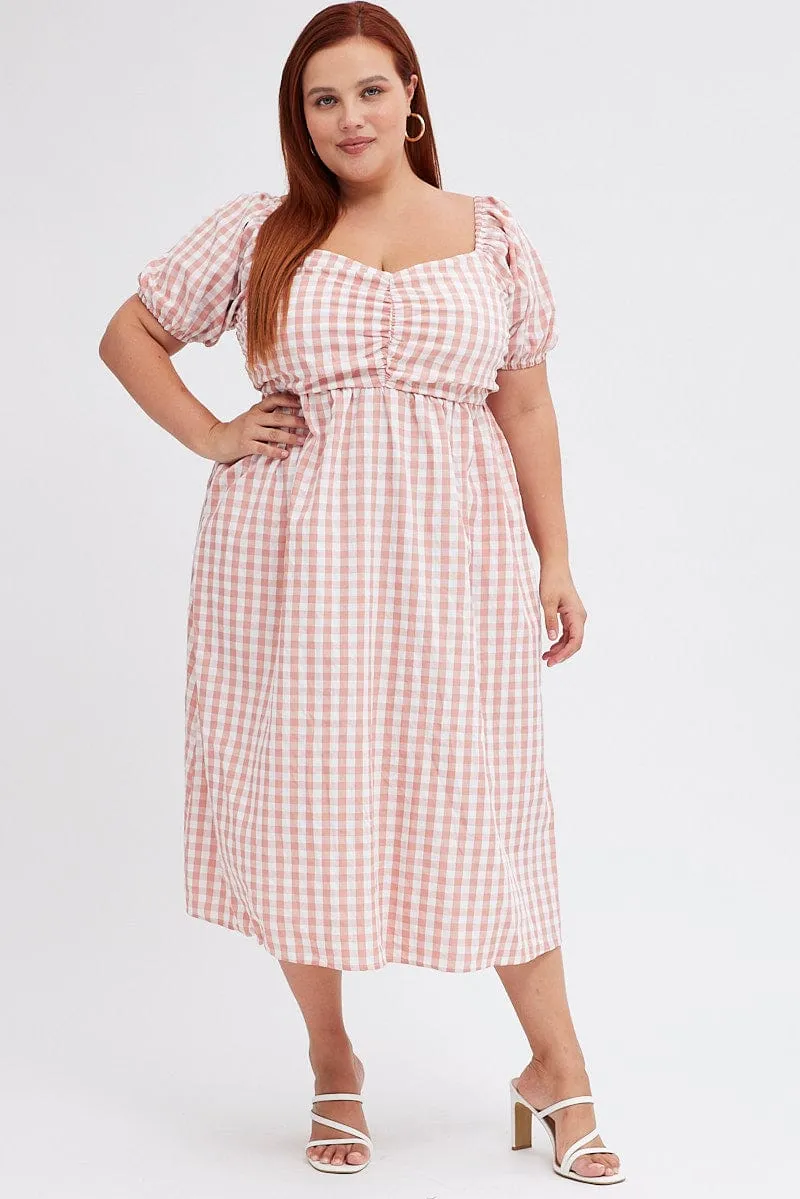 Pink Check Midi Dress Ruched Bodice Gingham Puff Sleeve Modern-style Satin Fabric