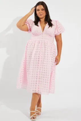 Pink Grid Check Midi Dress Tonal-Panel