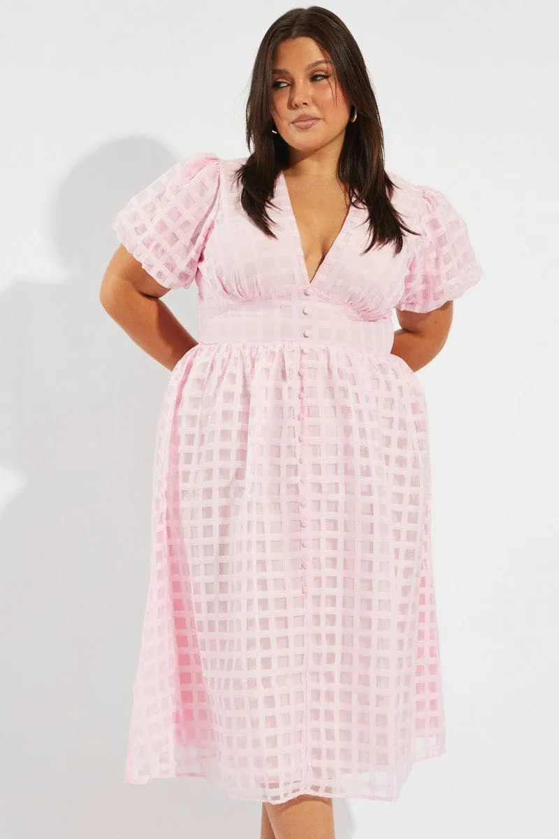 Smile Feel Pink Grid Check Midi Dress