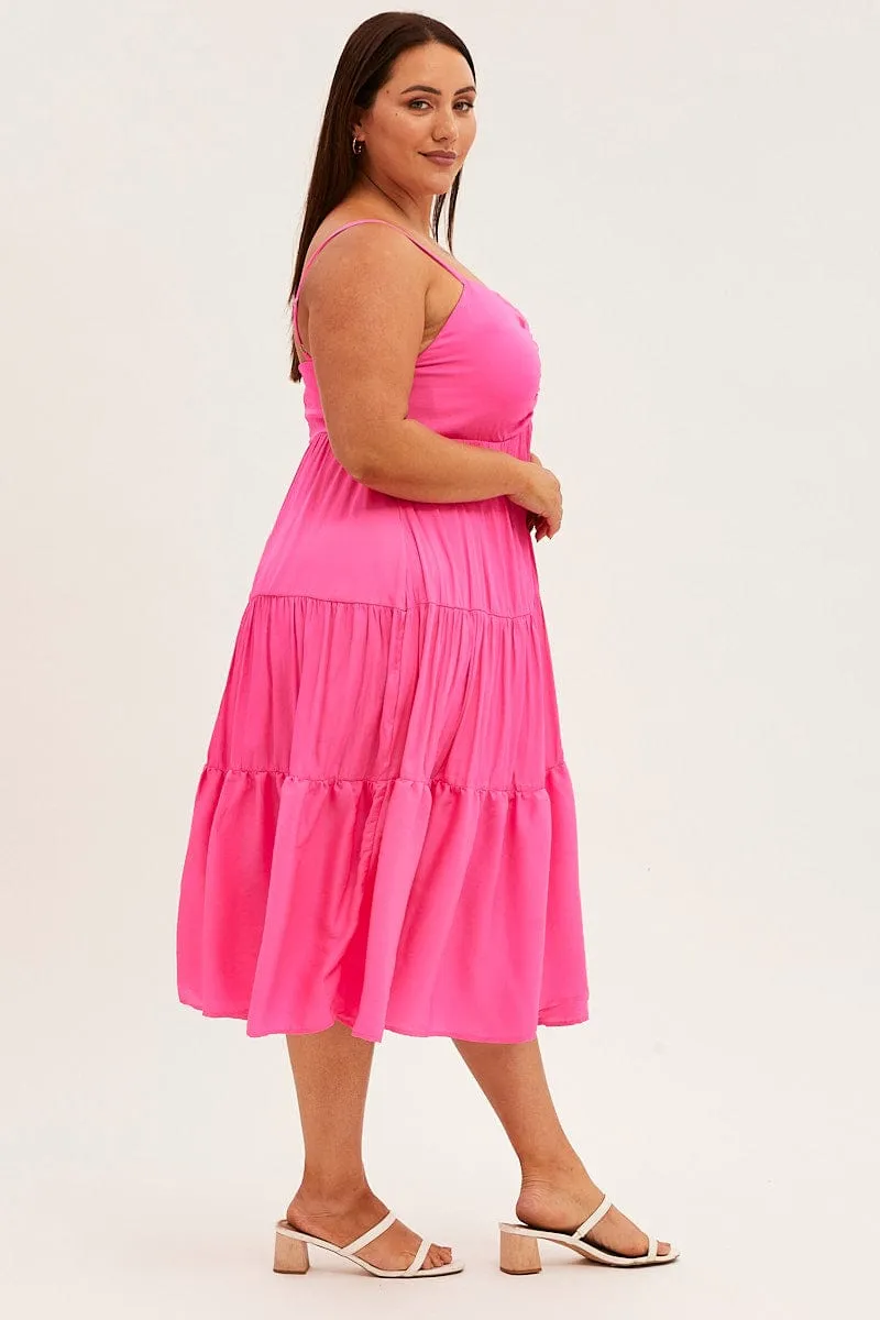 Fitted Look Japan Cool Pink Midi Dress Gather Bust Detail Strappy Matte Satin