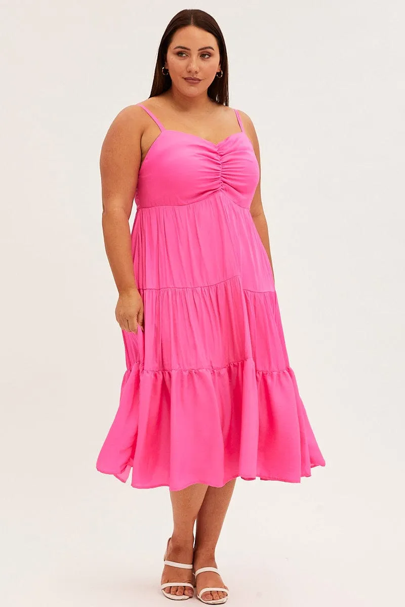 Pink Midi Dress Gather Bust Detail Strappy Matte Satin Day Glow Day Ready Look