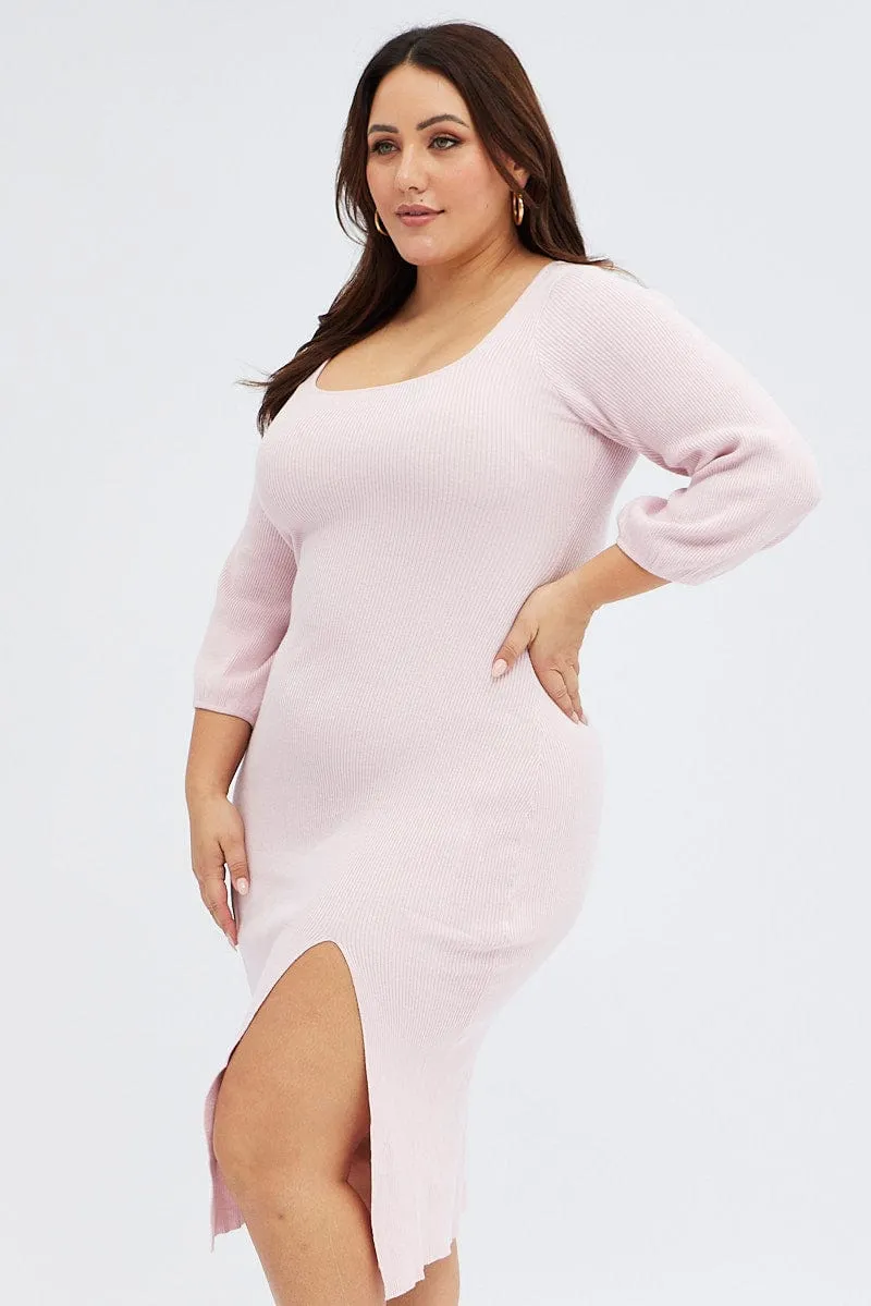 Minimal Design Pink Midi Dress Long Balloon Sleeve Sexy Split Knit