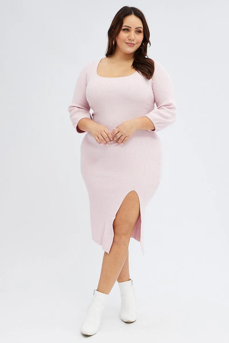 Pink Midi Dress Long Balloon Sleeve Sexy Split Knit Empire-Waist