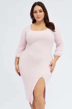 Fit Easy Relaxed Waist Pink Midi Dress Long Balloon Sleeve Sexy Split Knit