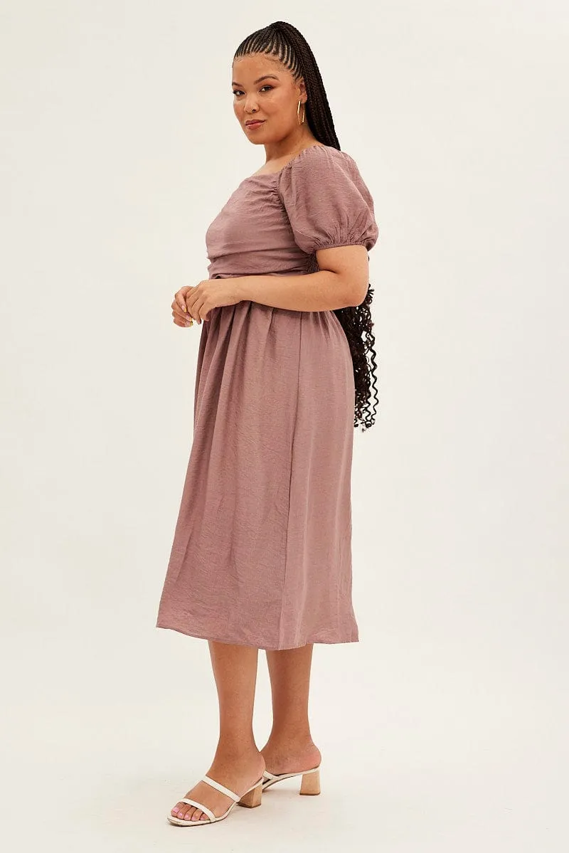 Silk Flow Delicate Lines Pink Midi Dress Puff Sleeve Square Neck Lined Textured