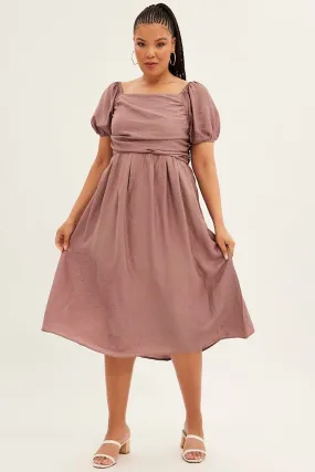Pink Midi Dress Puff Sleeve Square Neck Lined Textured All Day Ready Chic and Elegant