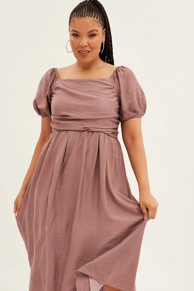 Pink Midi Dress Puff Sleeve Square Neck Lined Textured Soft Outfit Tailored Mood