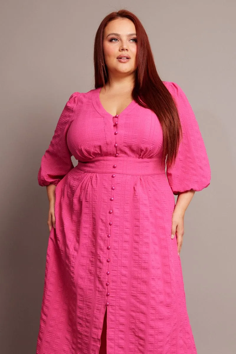 Grace Walk Zip-Closure Pink Midi Dress Short Sleeve Textured