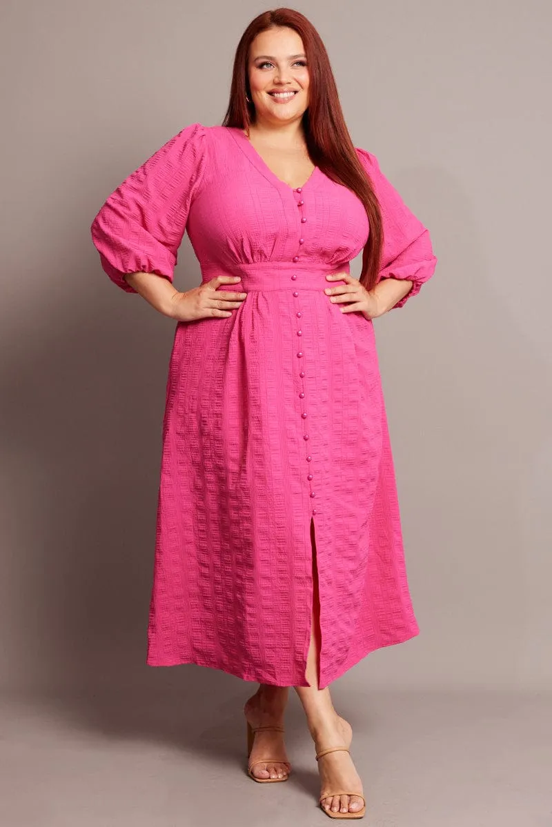 High low hem Clean Aesthetic Pink Midi Dress Short Sleeve Textured