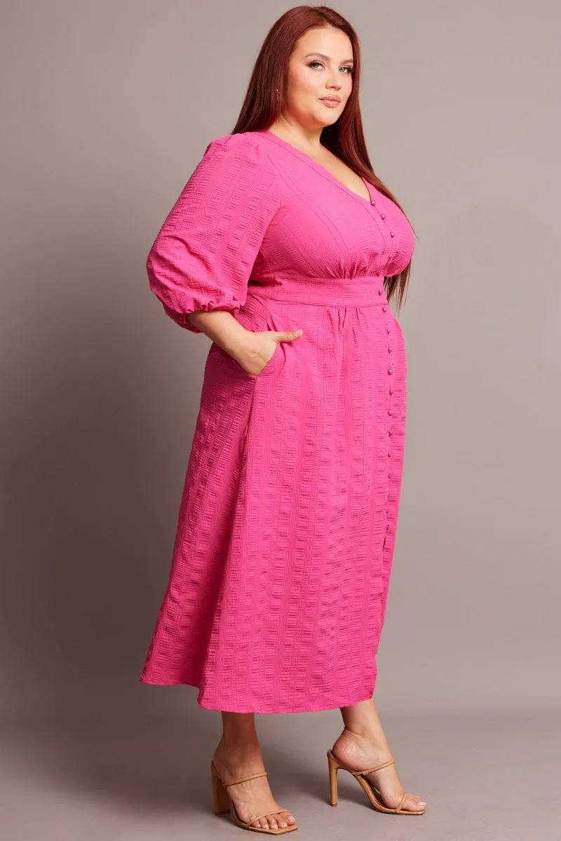 Fashionable Layers Pink Midi Dress Short Sleeve Textured