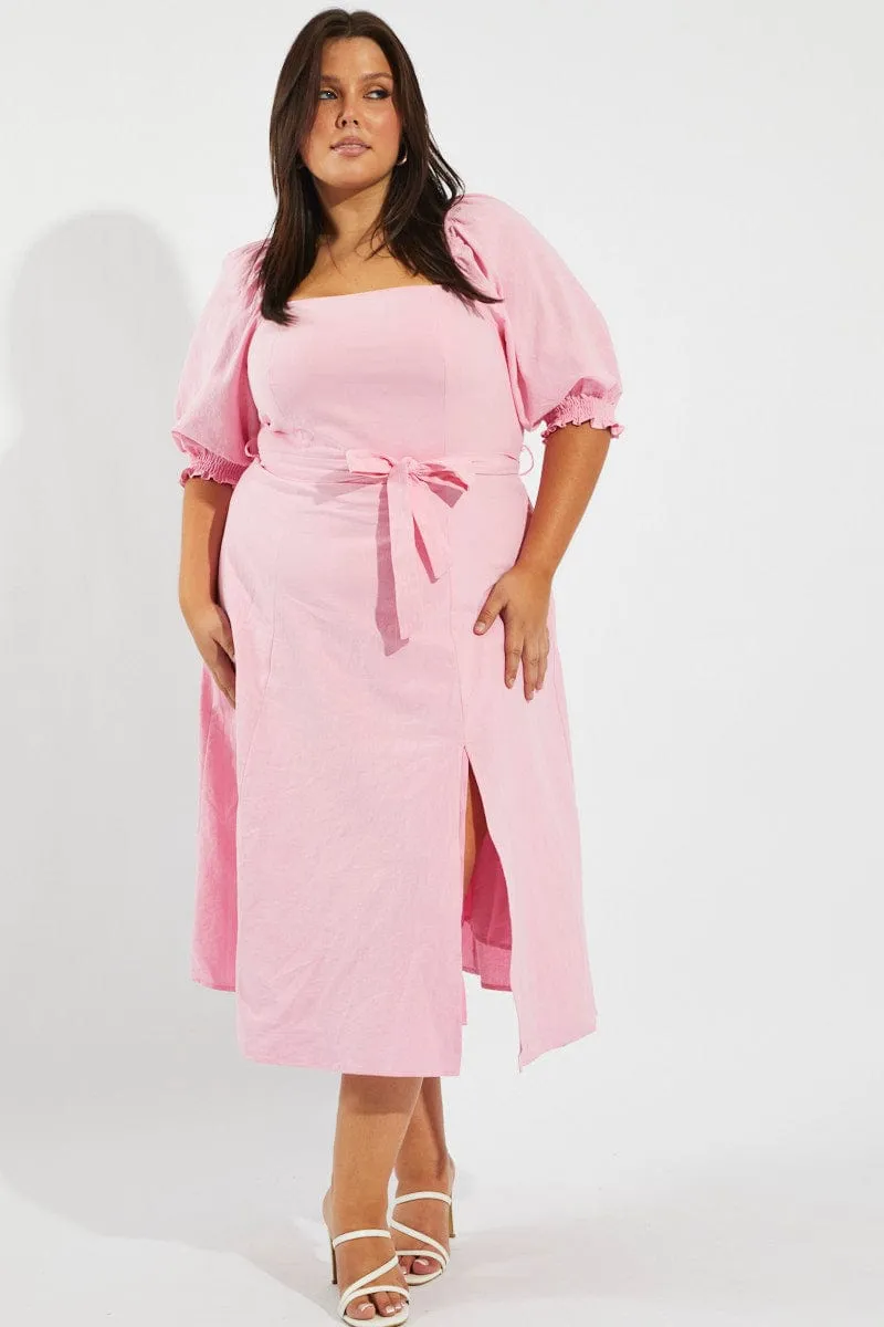 Clean Grace Pink Tie Puff Sleeve Midi Dress