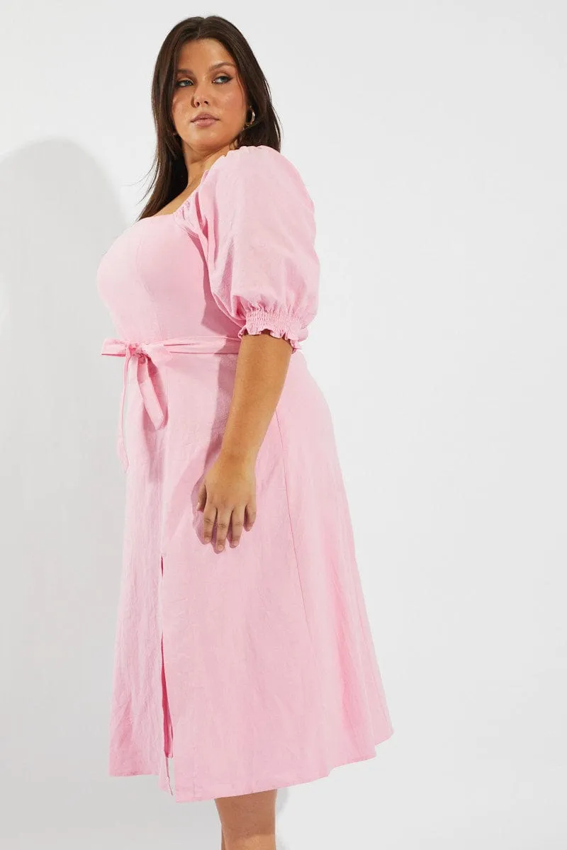 Delicate Lines loose silhouette Pink Tie Puff Sleeve Midi Dress