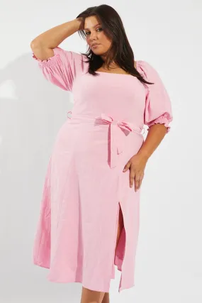Pink Tie Puff Sleeve Midi Dress Sleek Waistband Timeless and Comfortable