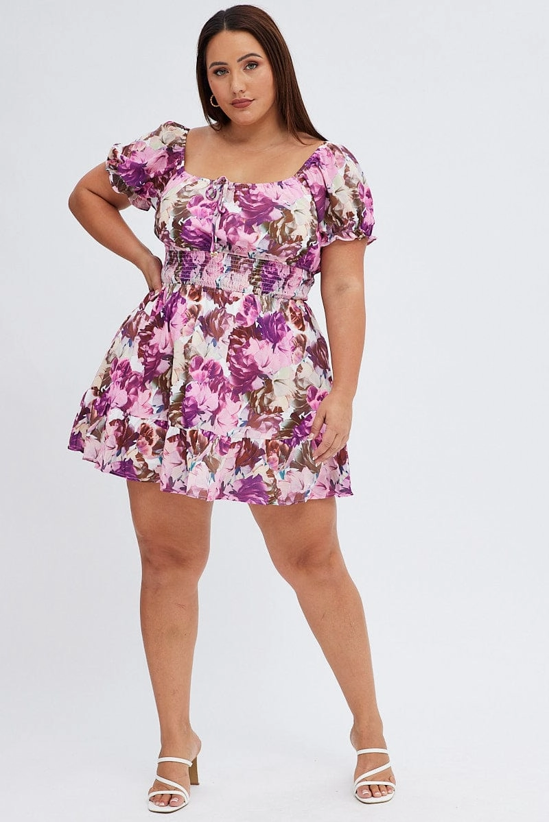 Sleek Touch Cool Texture Pink Floral Fit And Flare Dress Short Sleeve Gathered Bust