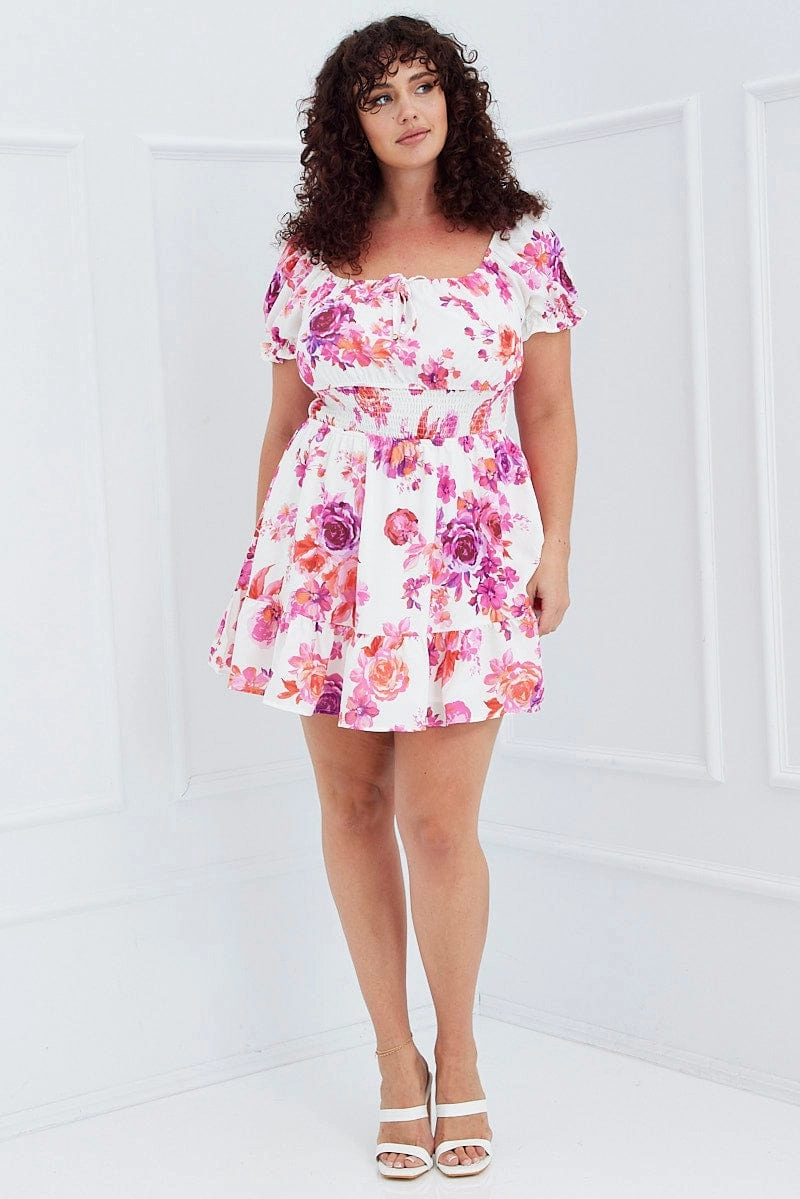 Pink Floral Fit And Flare Dress Short Sleeve Shirred Waist Non-Pilling Trendy Everyday
