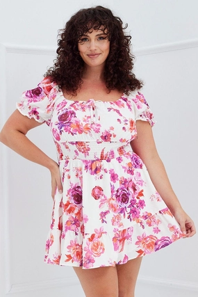 Pink Floral Fit And Flare Dress Short Sleeve Shirred Waist Chic Casual Wear Modern Waistband