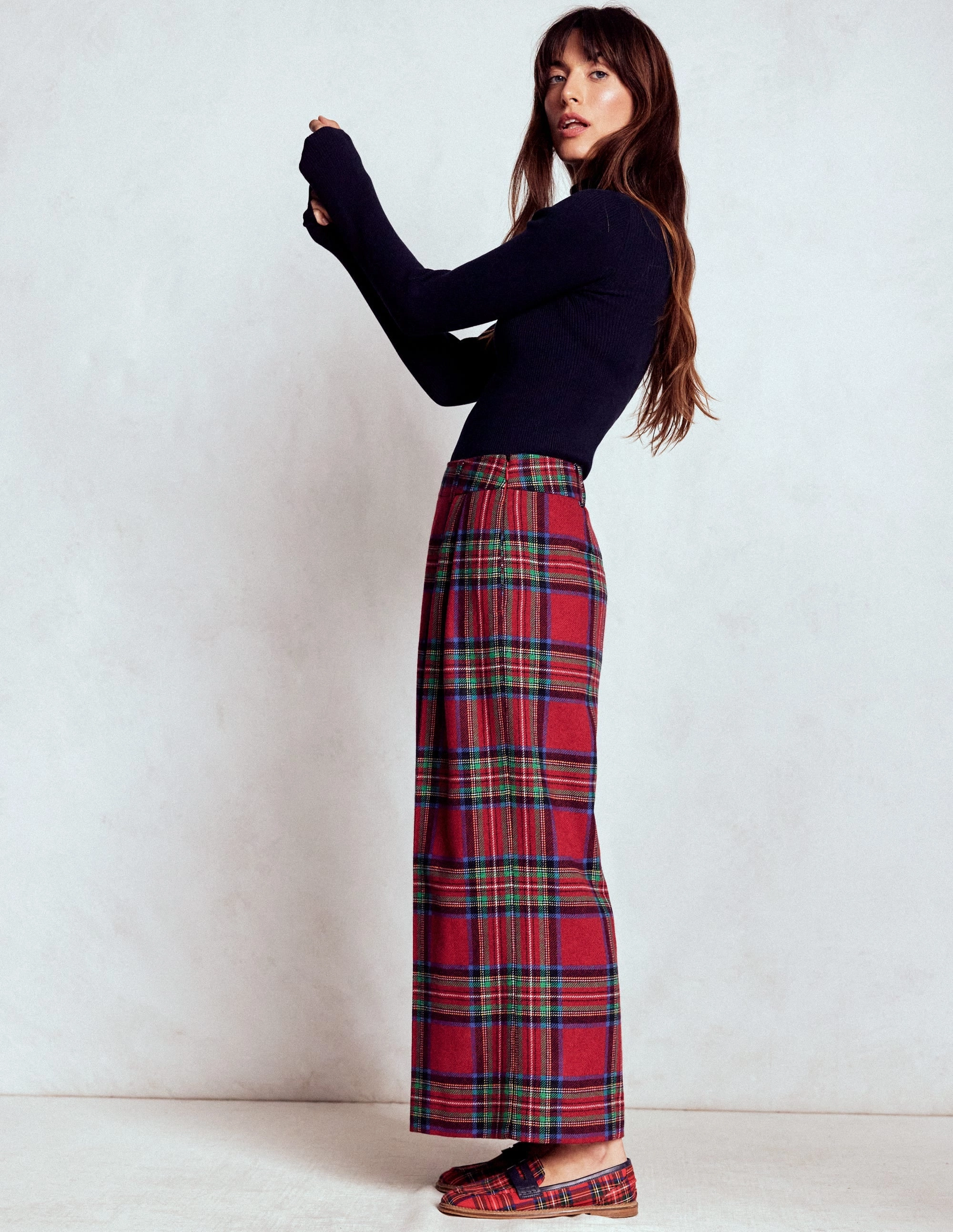 Pleated Wool Culottes-Red, Blue and Green Check Comfortable Waistband