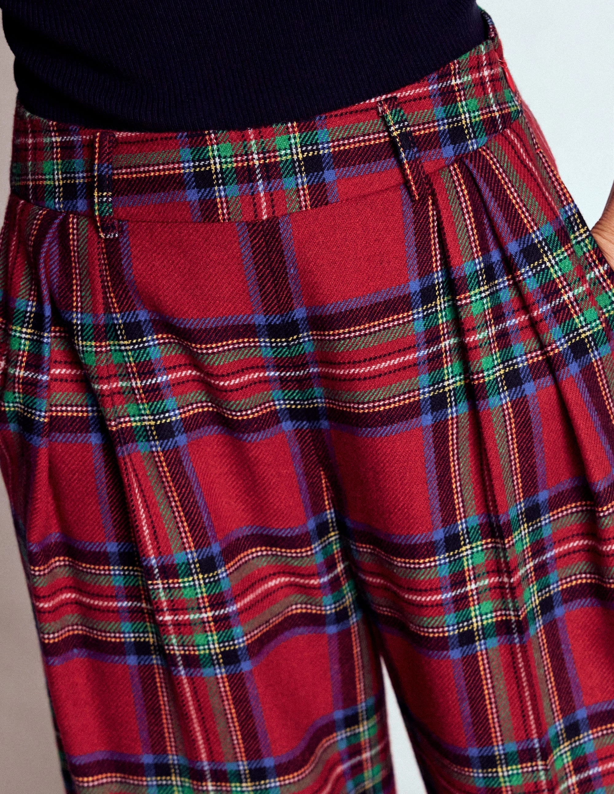 Pleated Wool Culottes-Red, Blue and Green Check Lightweight Wear