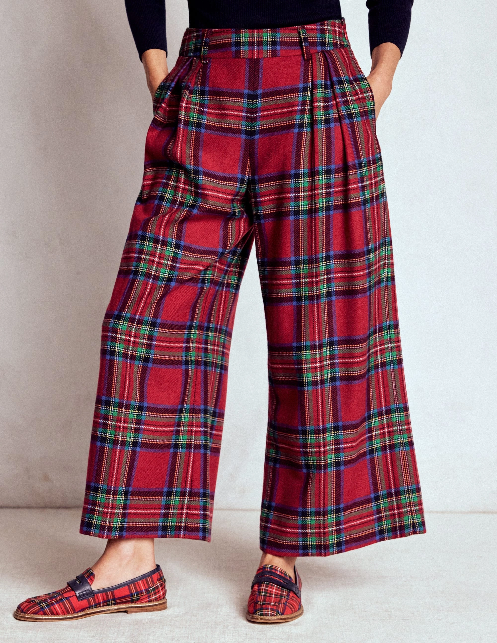 Pleated Wool Culottes-Red, Blue and Green Check On The Move