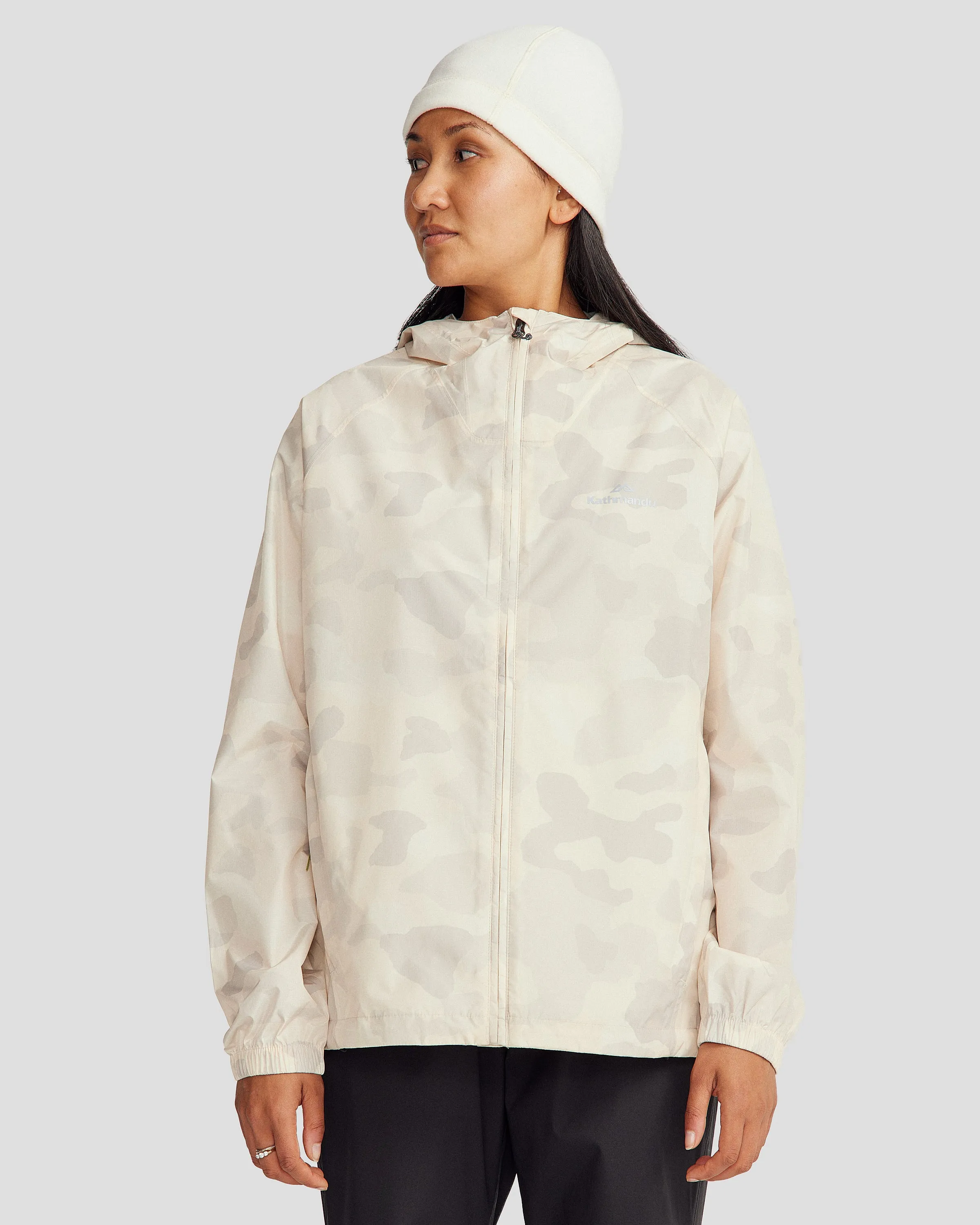 Double Stitched Seams AntiPillingFinish Pocket-it 2L Women's Rain Jacket v4 - Natural Tree Camo Print