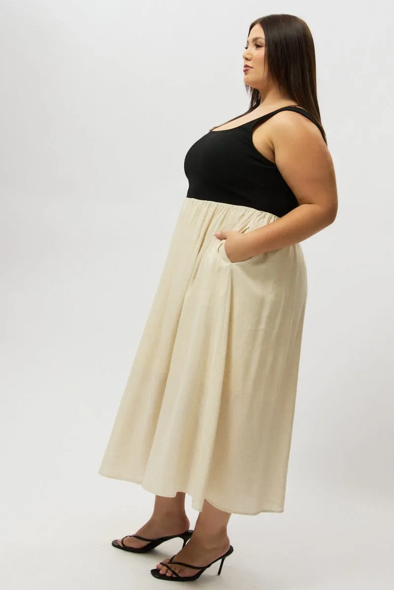 Beige Midi Dress Sleeveless Scoop Neck Linen Blend Trendy Comfort