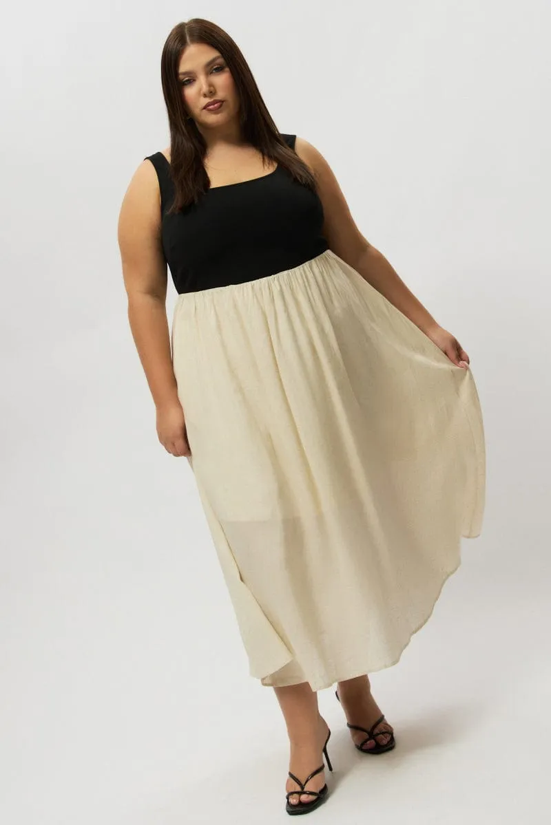 Beige Midi Dress Sleeveless Scoop Neck Linen Blend Winter Layering