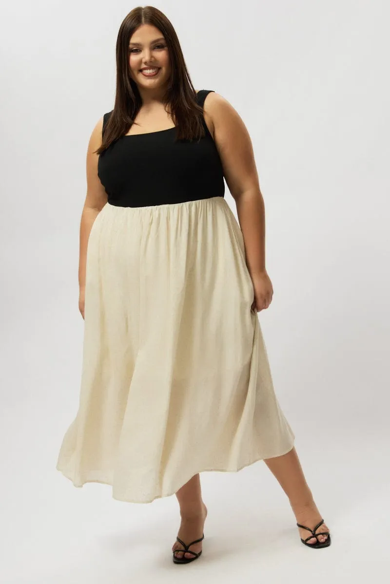 Spring Mood Effortless Pair Beige Midi Dress Sleeveless Scoop Neck Linen Blend