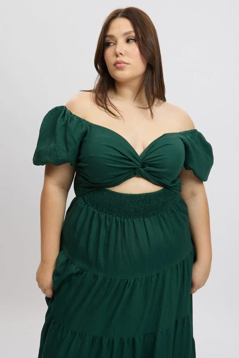 Green Maxi Dress Short Sleeve Twist Front Sophisticated Waistband Fit Perfect Cut