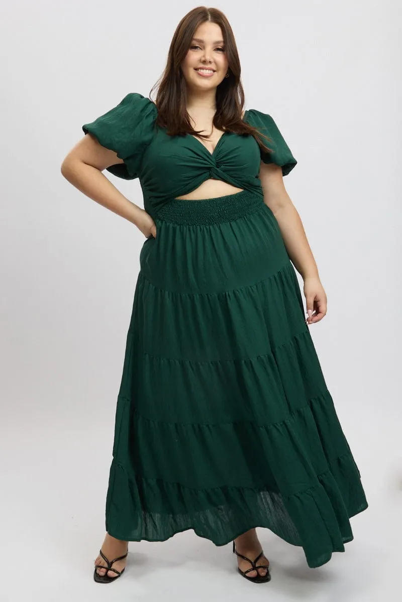 Green Maxi Dress Short Sleeve Twist Front Perfect Day-to-Night Lace Fine