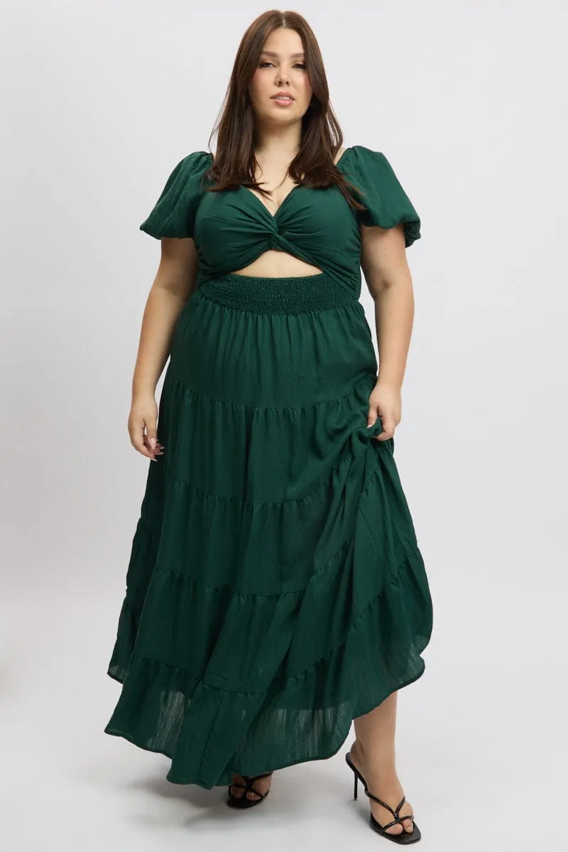 Green Maxi Dress Short Sleeve Twist Front Refined Cut Printed-Lining