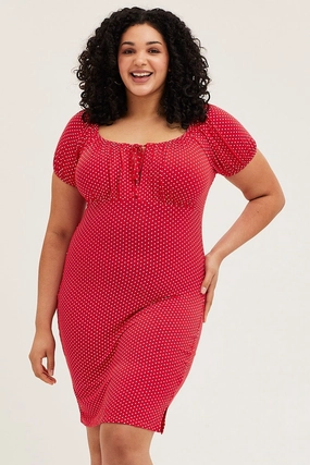 Water-resistant Straight-Cut Polka Dot Short Puff Sleeve Red Spot Bodycon Dress