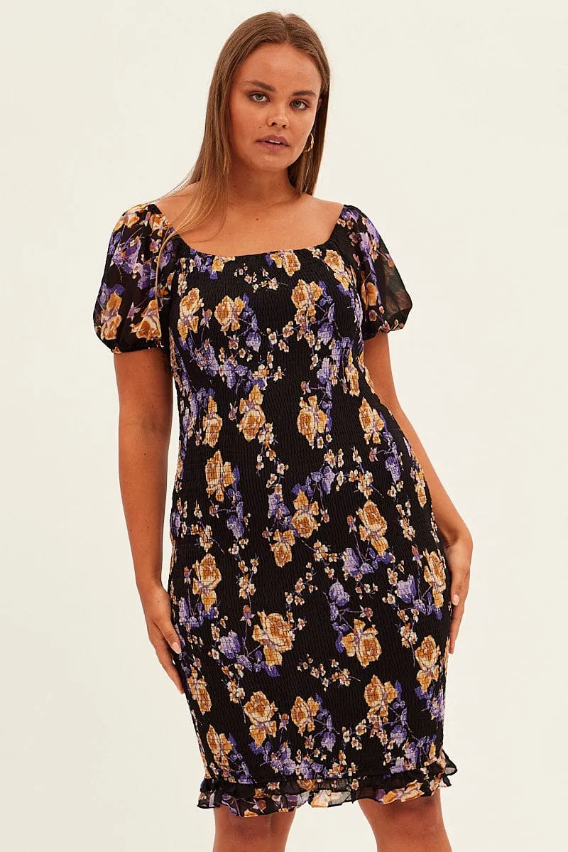 WrinkleResistantFinish Lunch Date Black Floral Bodycon Dress Short Sleeve Off Shoulder Shirred