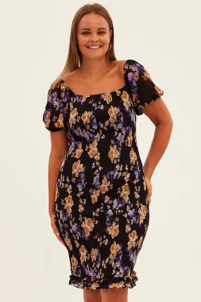 Black Floral Bodycon Dress Short Sleeve Off Shoulder Shirred Spring Flow