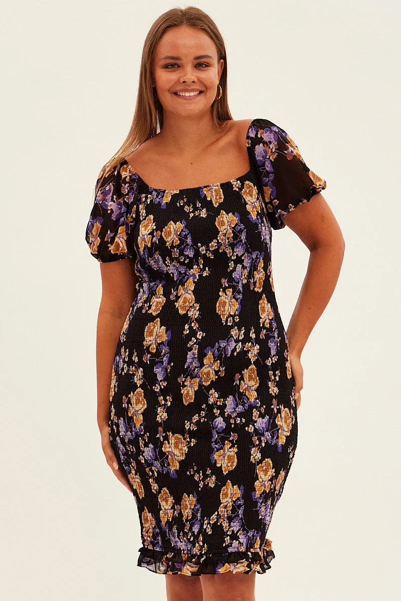 Black Floral Bodycon Dress Short Sleeve Off Shoulder Shirred Spring Flow