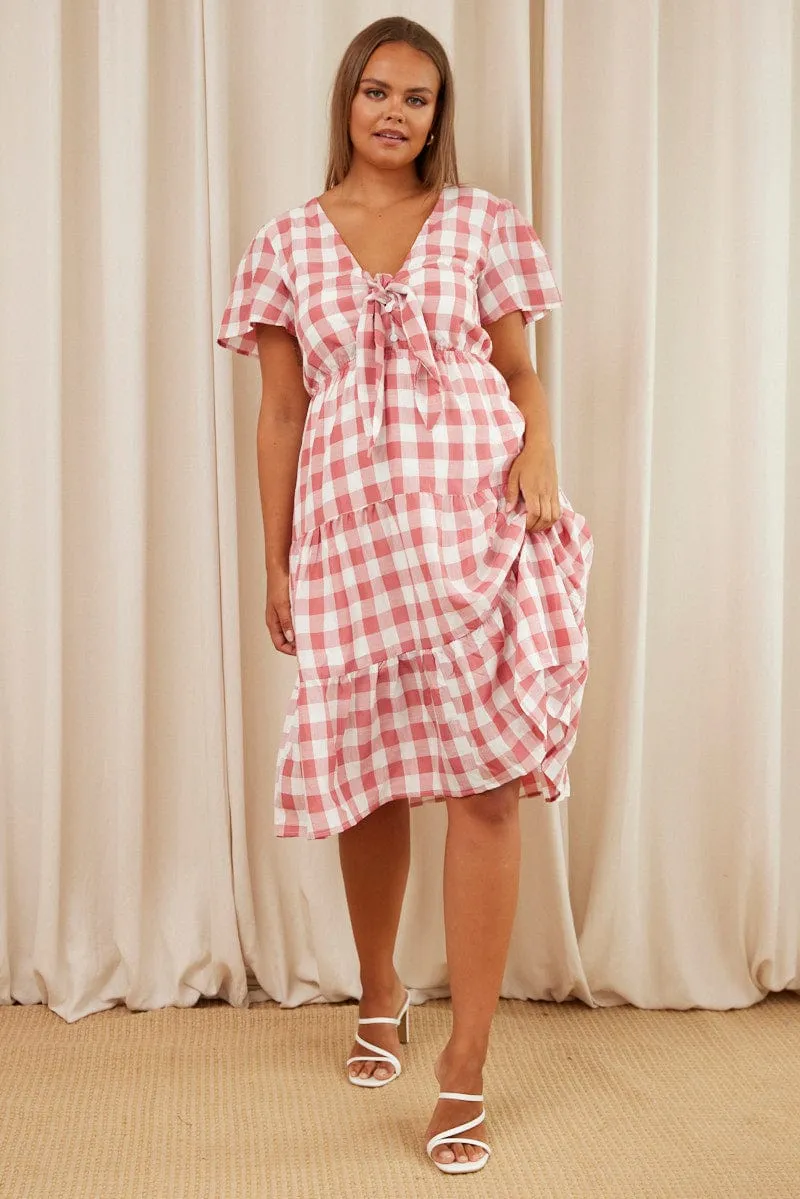 Relaxed-fit gown Check Midi Dress V-neck Short Sleeve