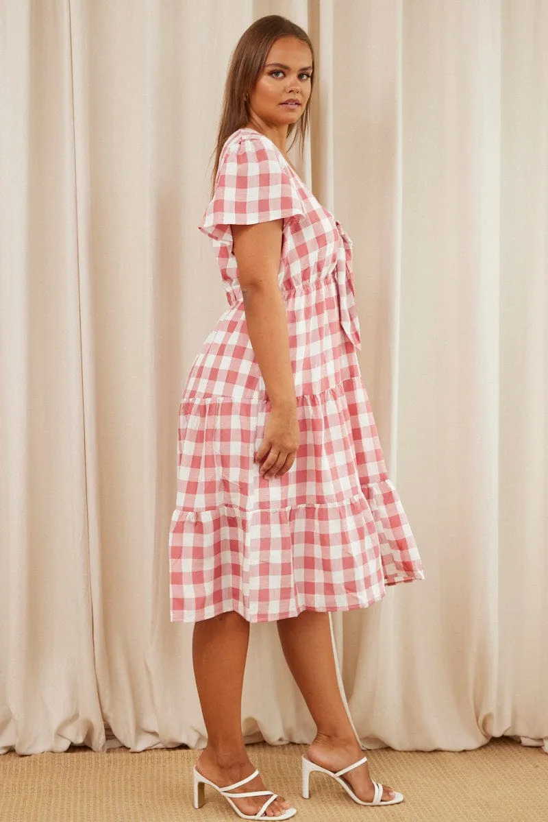 Mid layer Check Midi Dress V-neck Short Sleeve