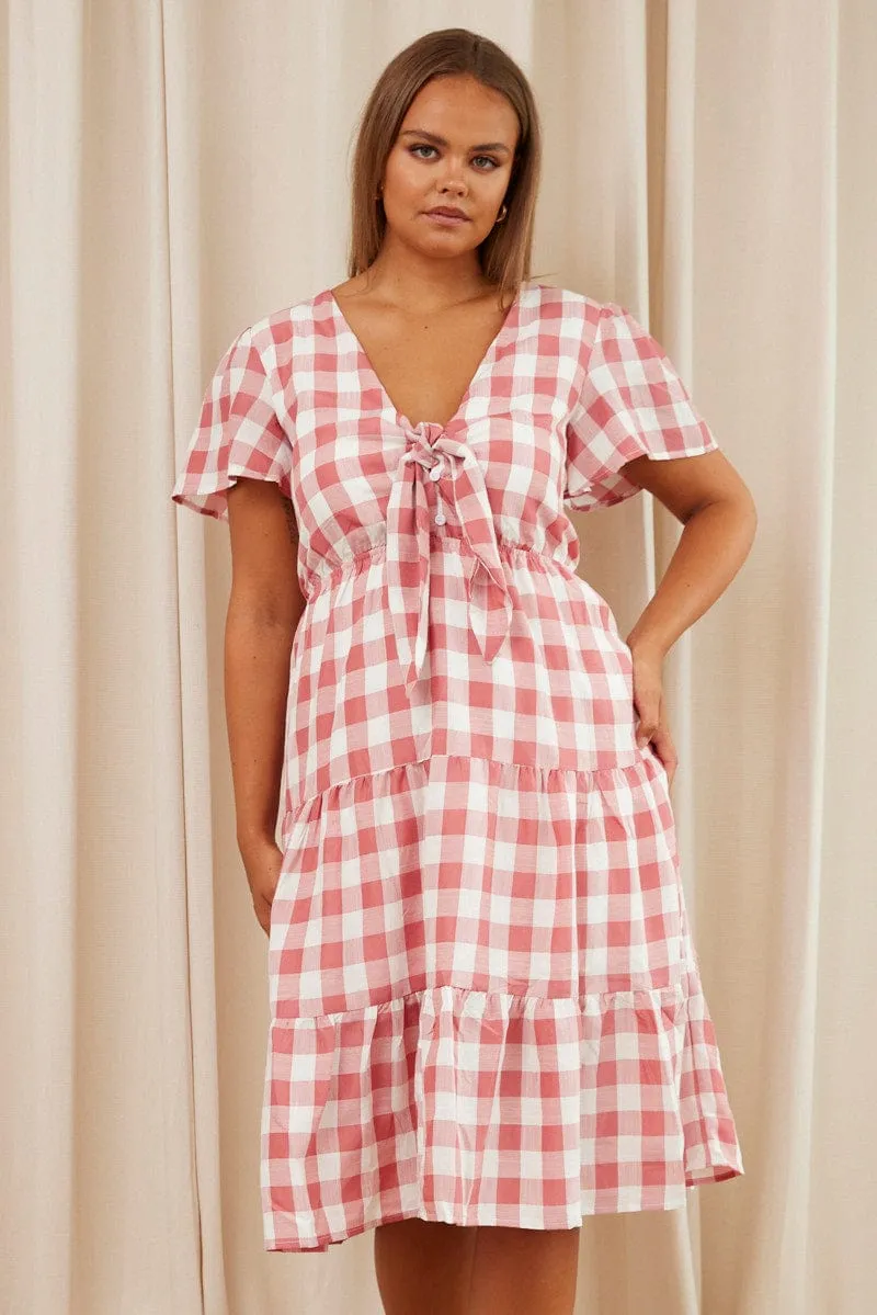 Bright-Hue Check Midi Dress V-neck Short Sleeve