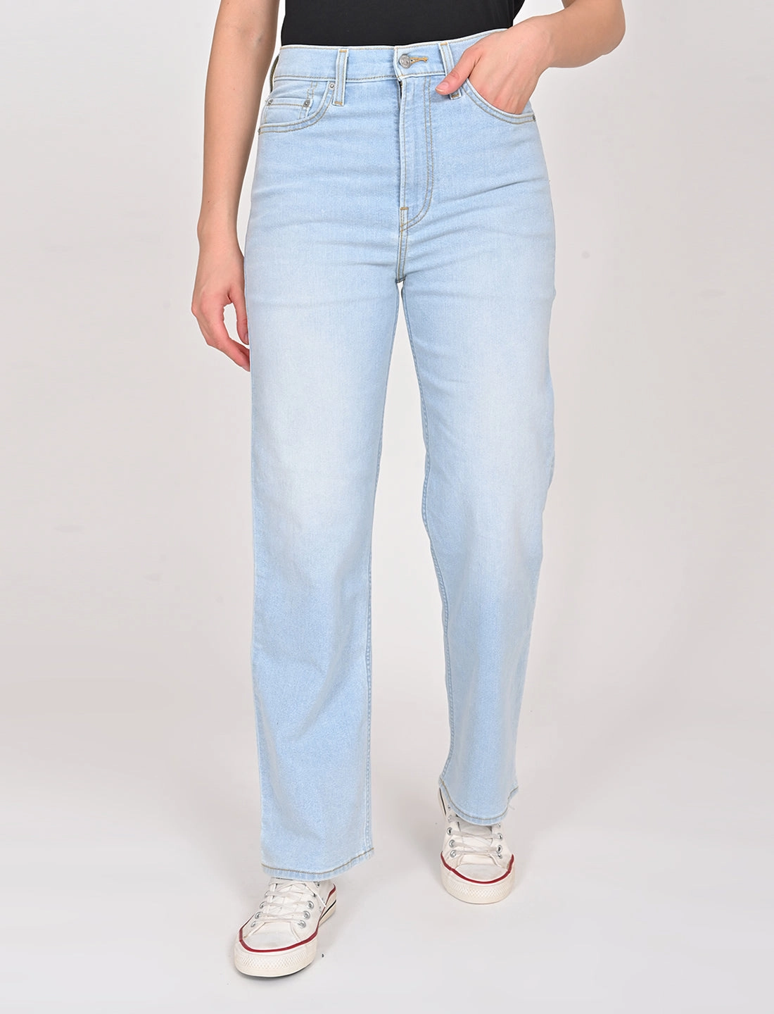 Minimalist Adult Fashion Simple Wear Women's Blue Ribcage Straight Fit High Rise Jeans