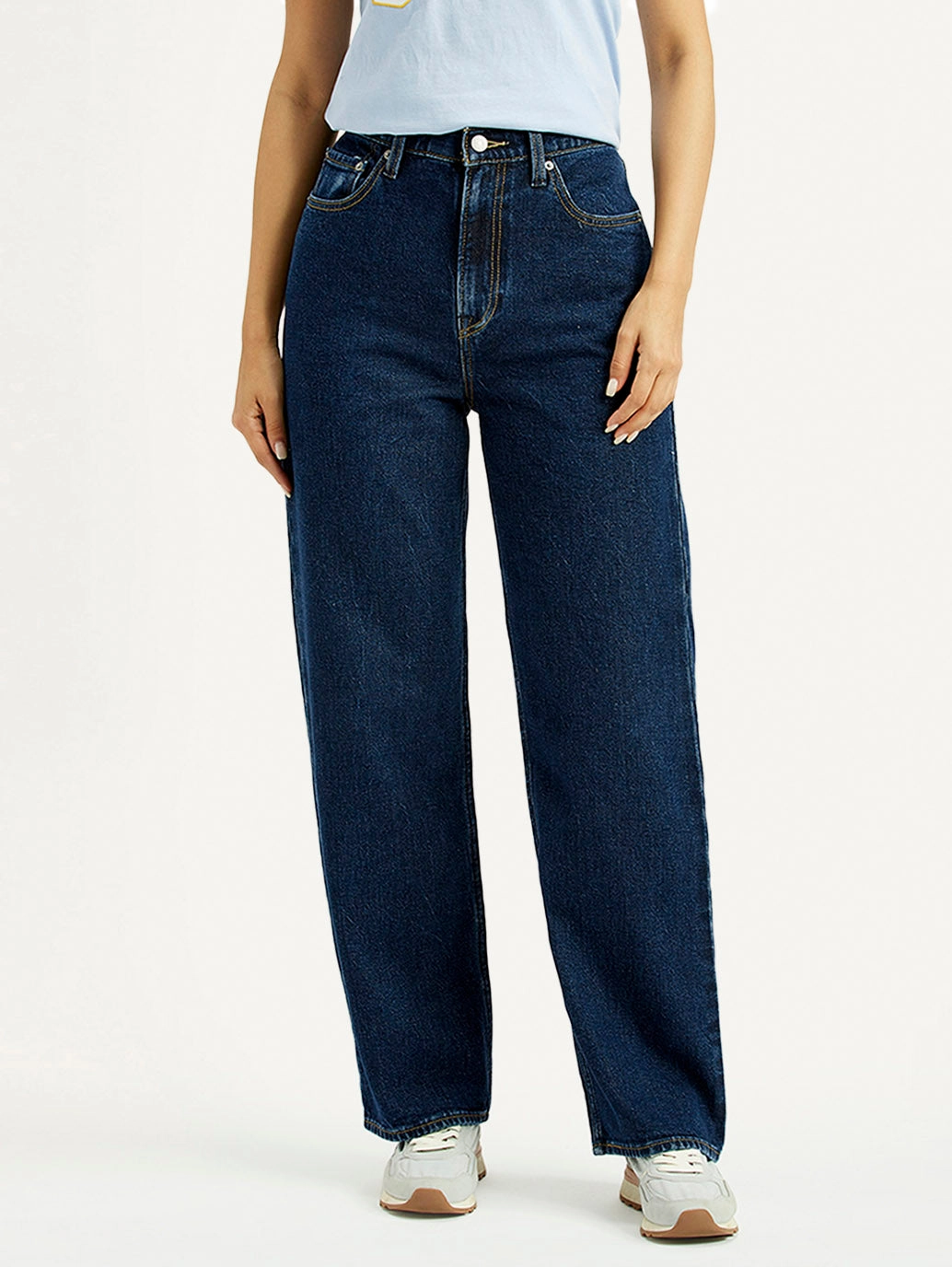 Women's Indigo Ribcage Straight Fit High Rise Jeans Versatile Waist Design Classic Wear Street Fashion