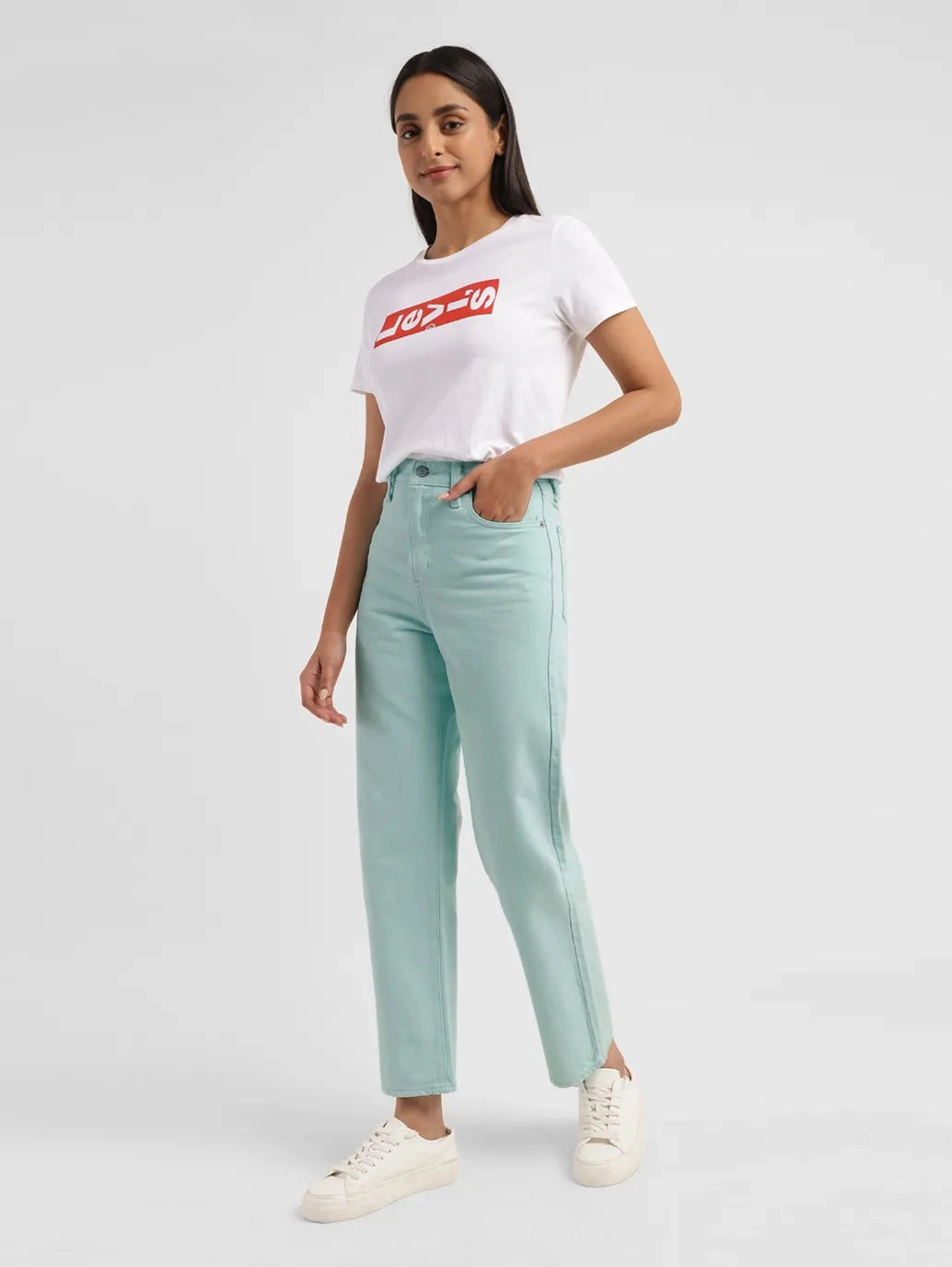 Women's Green Ribcage Straight Ankle Fit High Rise Jeans Fitted Design