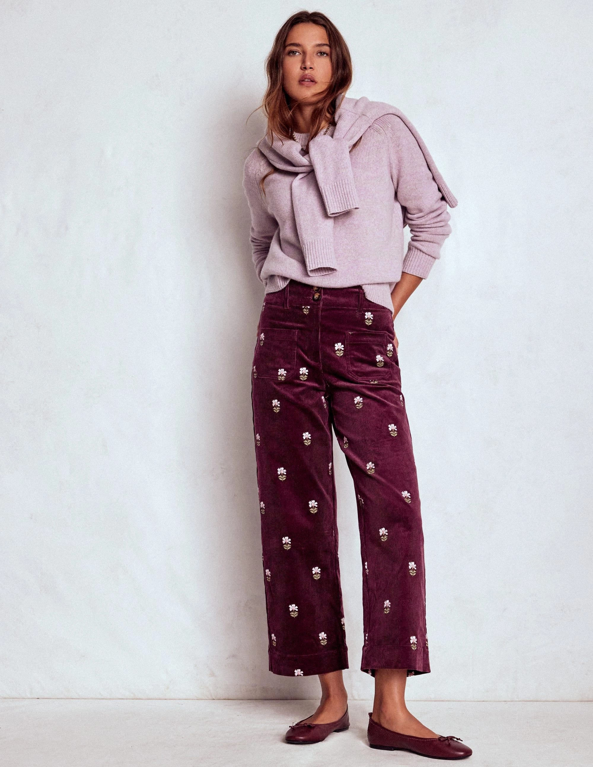 Primrose Cord Trousers-Dark Cherry Embroidery No Tag Functional Ease