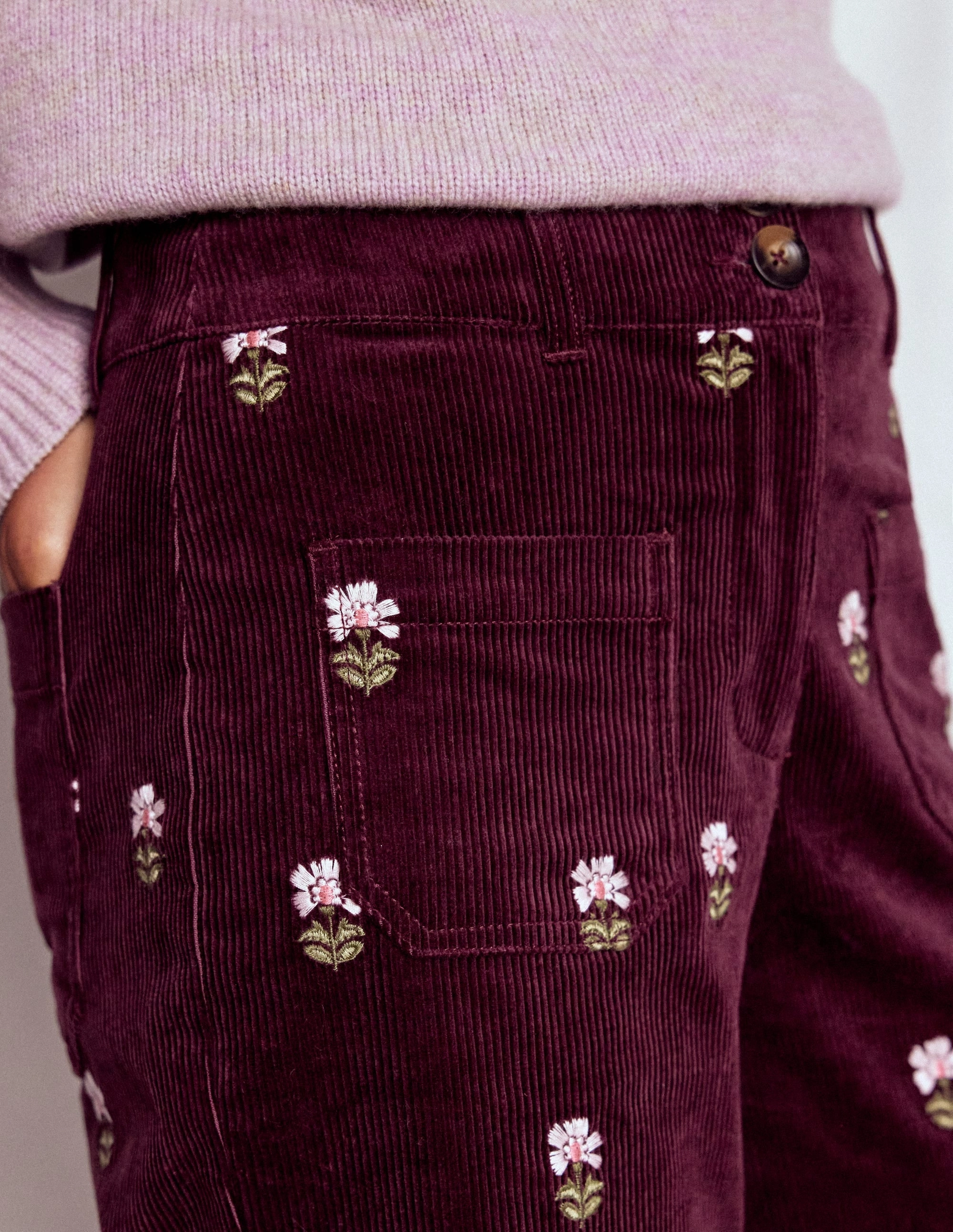 Agile Fit ElasticWaist Primrose Cord Trousers-Dark Cherry Embroidery