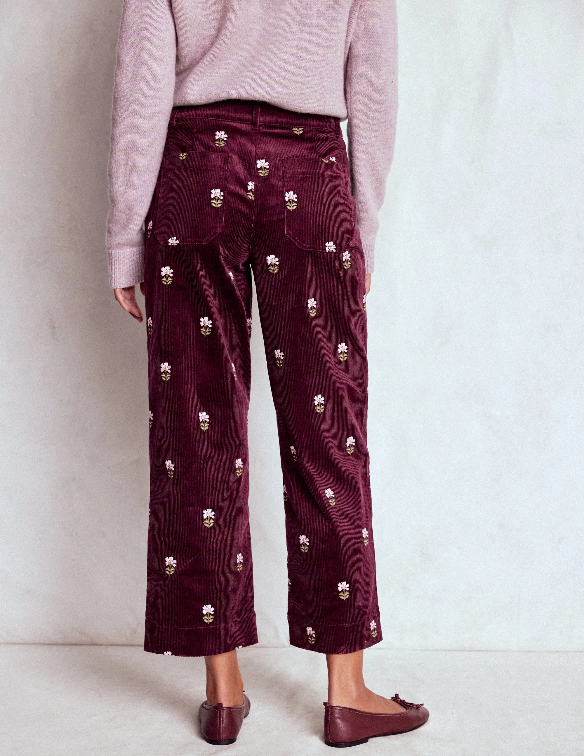 Primrose Cord Trousers-Dark Cherry Embroidery Functional Waist