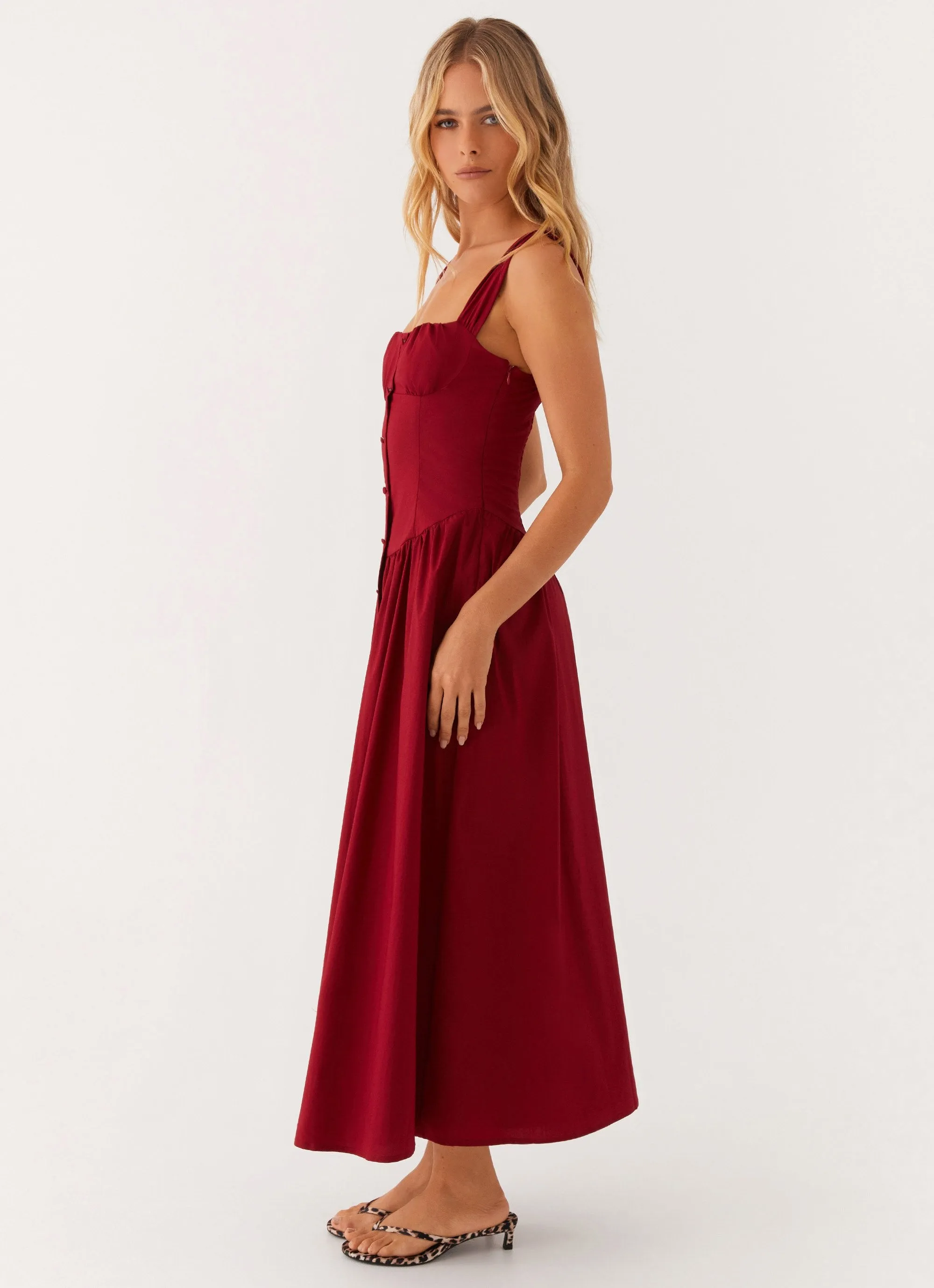 Emmalina Midi Dress - Deep Red Short Sleeve Pose Sweet