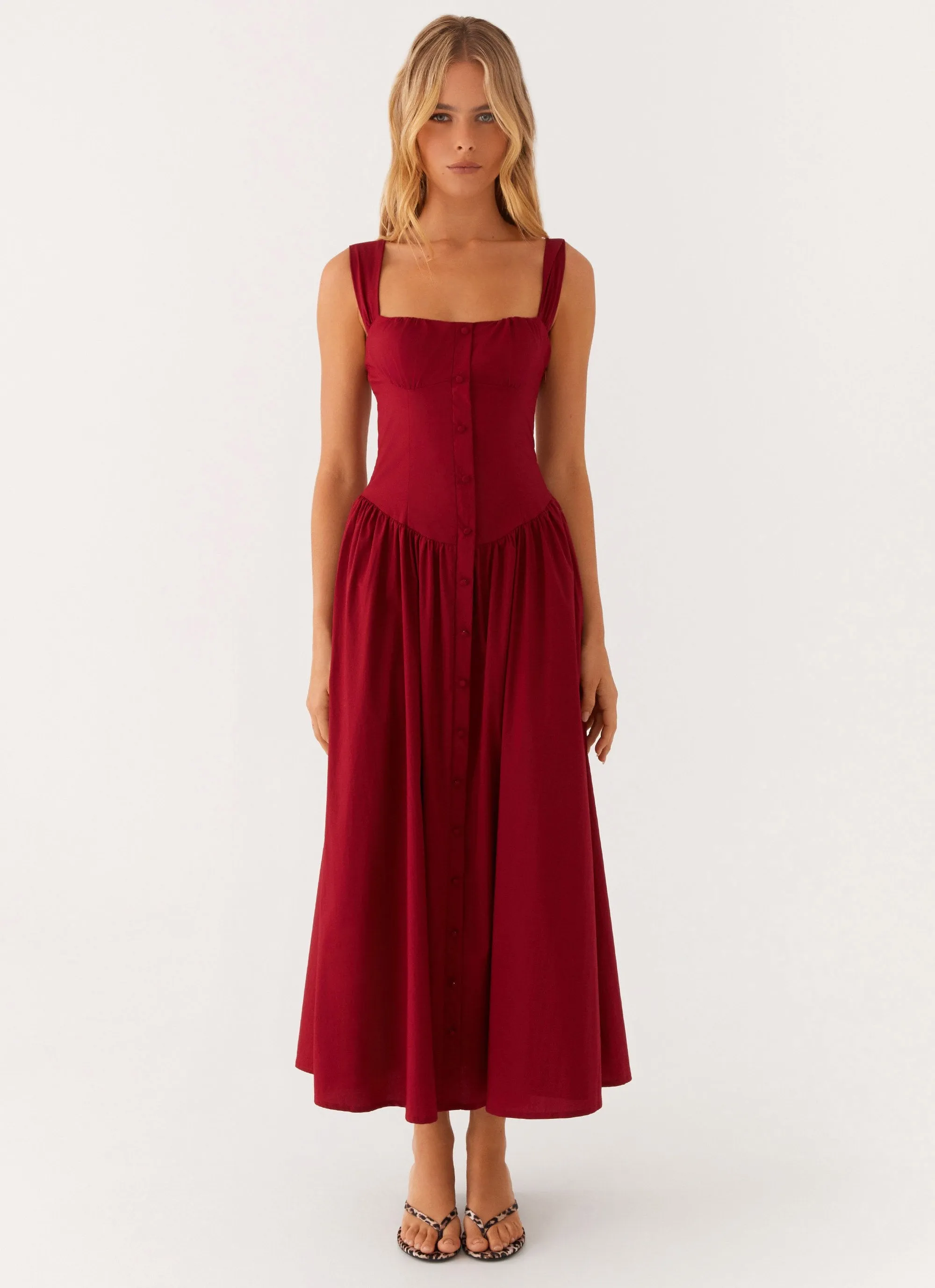 Emmalina Midi Dress - Deep Red V-Neck Shade Glow