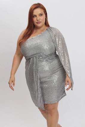 Exclusive-Design Metallic Draped Sequin One Shoulder Minidress
