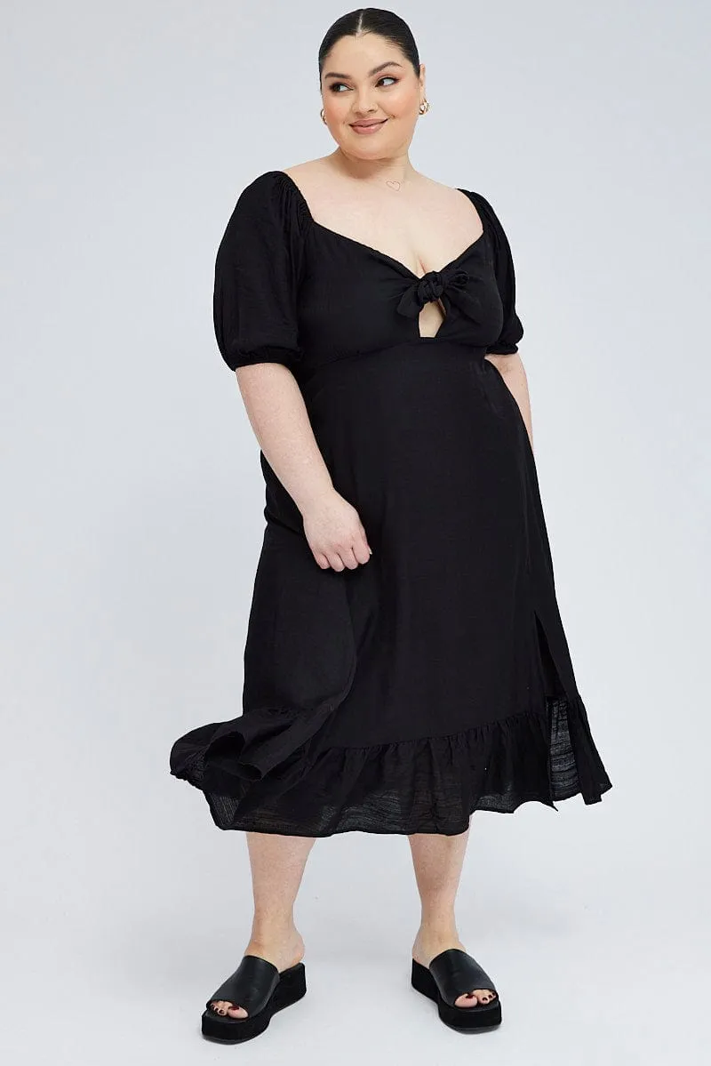 Quick Look Black Tie Front Midi Dress Short Puff Sleeve Split Front
