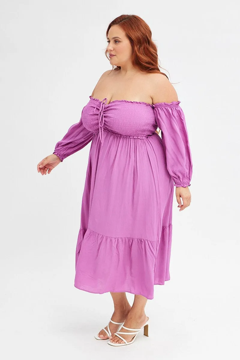 Purple Midi Dress Off Shoulder Shirred Simple Texture Refined fit