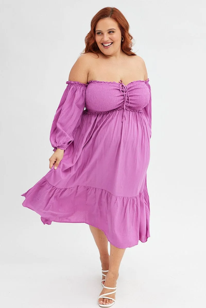 Purple Midi Dress Off Shoulder Shirred Light Volume Bold-Color